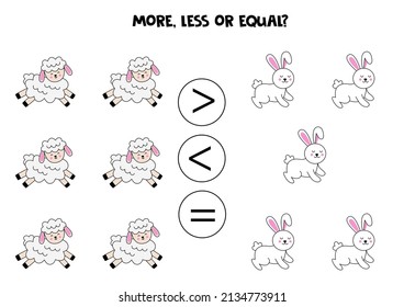 More, less or equal, compare the number of rabbits and sheep.