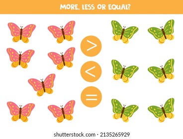 More, less or equal, compare the number of cute butterflies.
