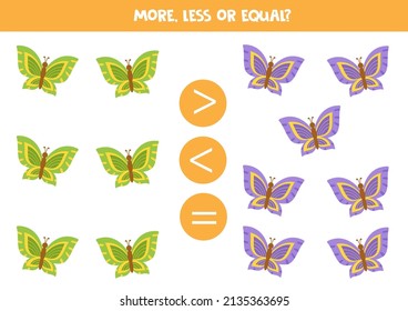 More, less or equal, compare the number of butterflies.