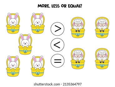 More, less or equal, compare the number of rabbits and lambs.