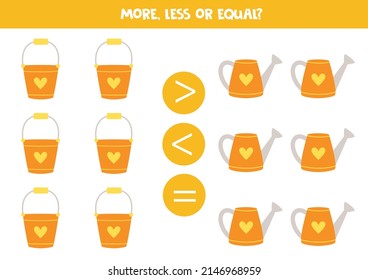 More, less or equal, compare the number of watering cans.