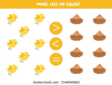 More, less or equal, compare the number of birds and nests.