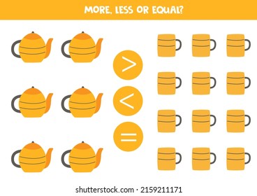 More, less or equal, compare the number of tea pots and mugs.