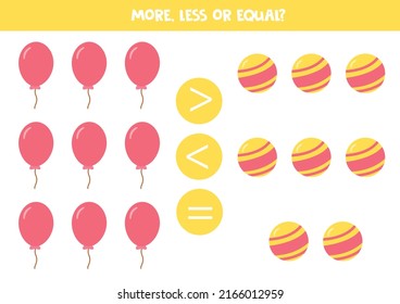 More, less or equal, compare the number of balloons and balls.