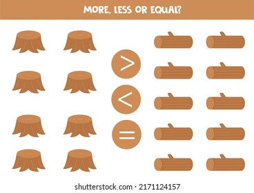 More, less or equal, compare the number of stumps and logs.