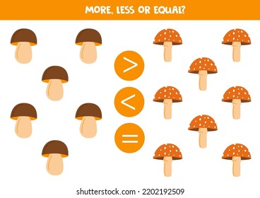 More, less or equal, compare the number of mushrooms.