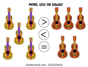 More, less or equal, compare the number of Mexican guitars.