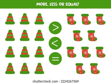 More, less or equal, compare the number of winter accessories.