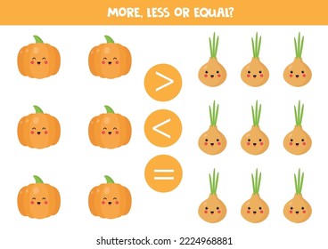 More, less or equal, compare the number of cute vegetables.
