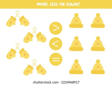More, less or equal, compare the number of winter hats and mittens.