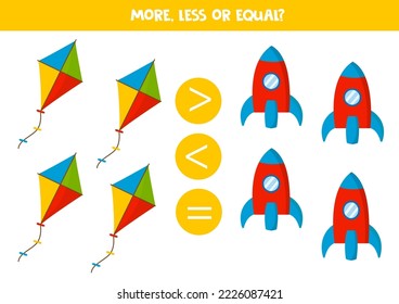 More, less or equal, compare the number of kites and rockets.