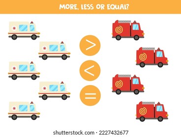More, less or equal, compare the number of fire trucks.