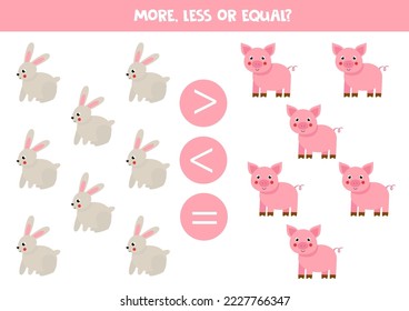 More, less or equal, compare the number of rabbits and pigs.