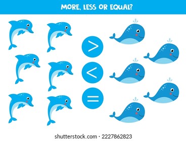More, less or equal, compare the number of whales and dolphins.