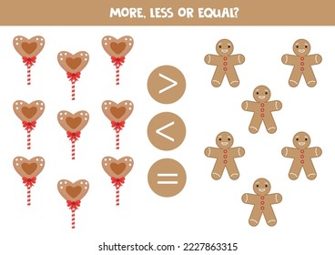 More, less or equal, compare the number of gingerbread cookies and lollipops.