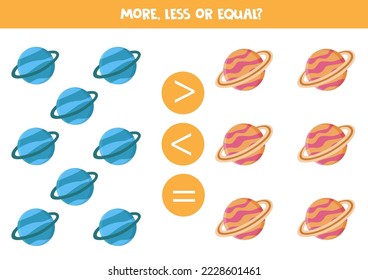More, less or equal, compare the number of planets.
