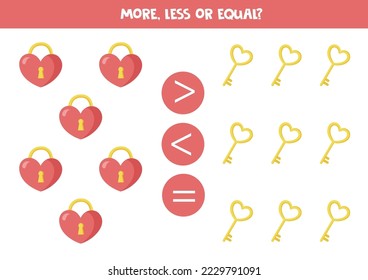 More, less or equal, compare the number of heart locks and keys.