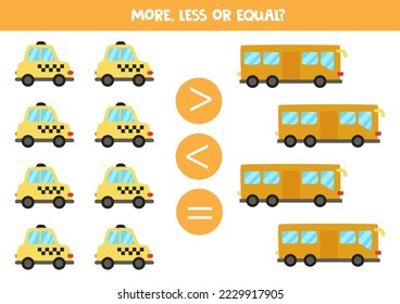 More, less or equal, compare the number of taxi and buses.