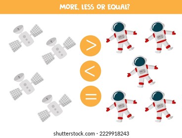 More, less or equal, compare number of satellites and astronauts.