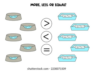 More, less or equal, compare the number of cat beds.