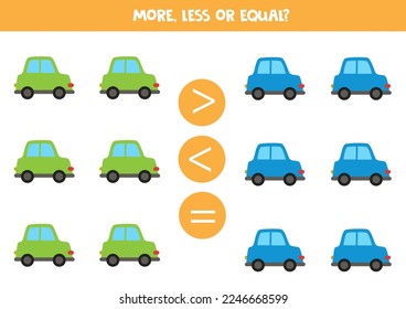 More, less or equal, compare the number of cute cars.