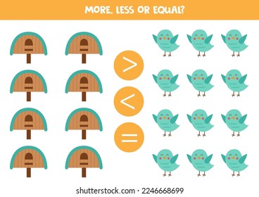 Más, menos o igual, comparar el número de aves y casas de aves.