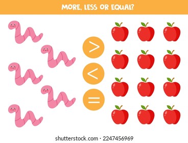 More, less or equal, compare the number of worms and apples.
