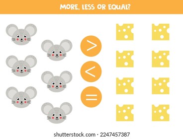 More, less or equal, compare the number of mice and cheese.