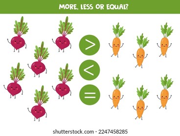More, less or equal, compare the number of beetroots and carrots.