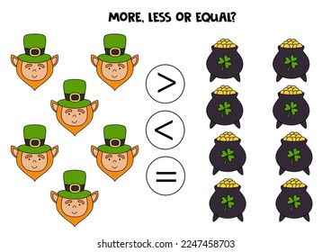 More, less or equal, compare the number of leprechauns and cauldrons. 