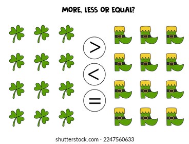 More, less or equal, compare the number of shamrocks and leprechaun boots.