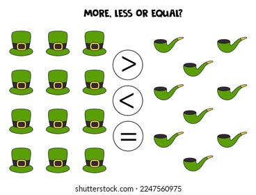 More, less or equal, compare the number of smoke pies and leprechaun boot.