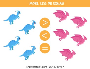 More, less or equal, compare the number of dinosaurs.