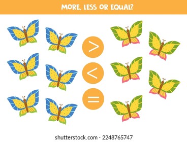 More, less or equal, compare the number of butterflies.