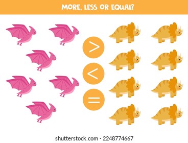 More, less or equal, compare the number of cute colorful dinosaurs.