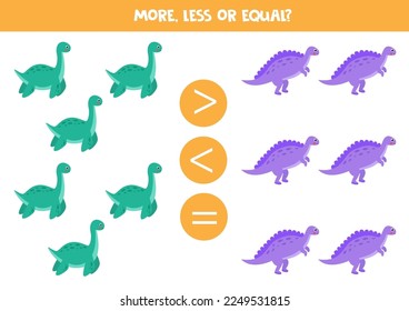 More, less or equal, compare the number of cartoon dinosaurs.