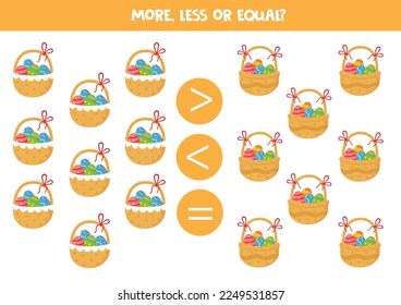 More, less or equal, compare the number of Easter baskets.