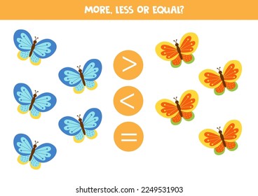 More, less or equal, compare the number of cute colorful butterflies.