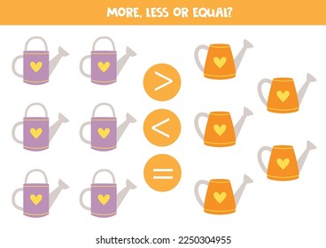 More, less or equal, compare the number of watering pots.