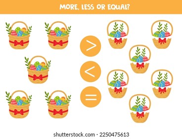 More, less or equal, compare the number of Easter baskets.