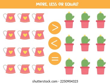 More, less or equal, compare the number of watering cans and flowers.