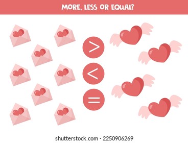 More, less or equal, compare the number of envelopes and hearts.