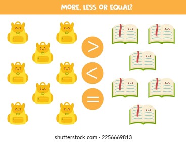 More, less or equal, compare the number of backpacks and books.
