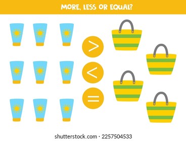 More, less or equal, compare the number of beach bags and sun creams.