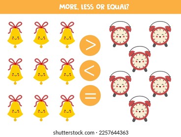 More, less or equal, compare the number of bells and alarm clocks.