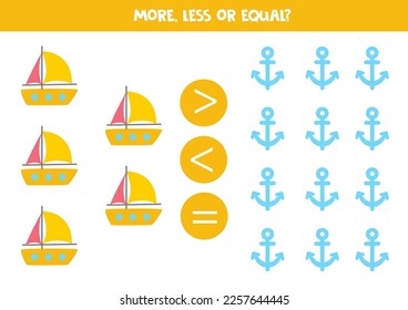 More, less or equal, compare the number of yachts and anchors.