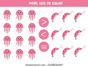 More, less or equal, compare the number of jelly fish and shrimps.