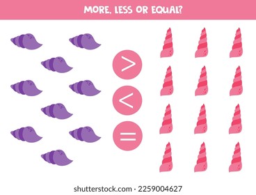 More, less or equal, compare the number of sea shells.