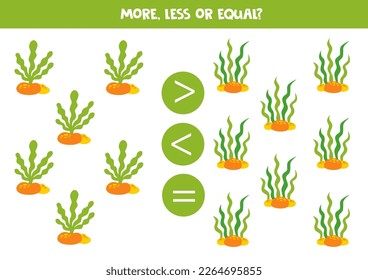 More, less or equal, compare the number of sea weeds.