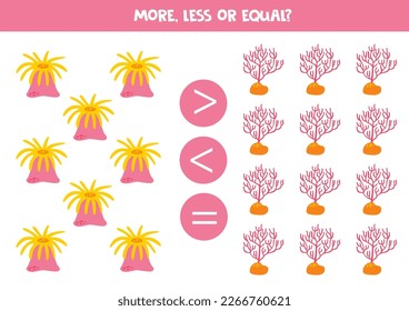 More, less or equal, compare the number of corals. 